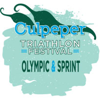 Logo for the Culpeper Triathlon Festival with "Culpeper" in bold blue text and two green leaf-like shapes above it. Below, the words "Triathlon Festival" are in black, and "Olympic & Sprint" is in blue and green respectively on a light blue background.