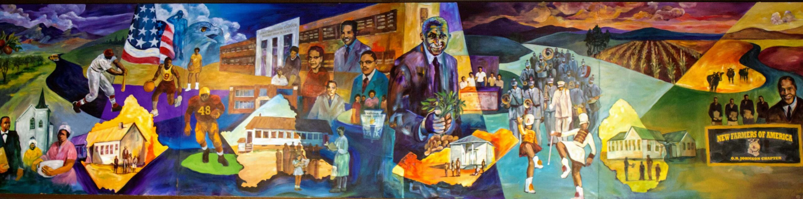 A vibrant mural depicts various scenes from African American history, including prominent figures, historical buildings, the civil rights movement, and cultural milestones. The artwork blends multiple events, symbolizing the struggle and achievements over time.