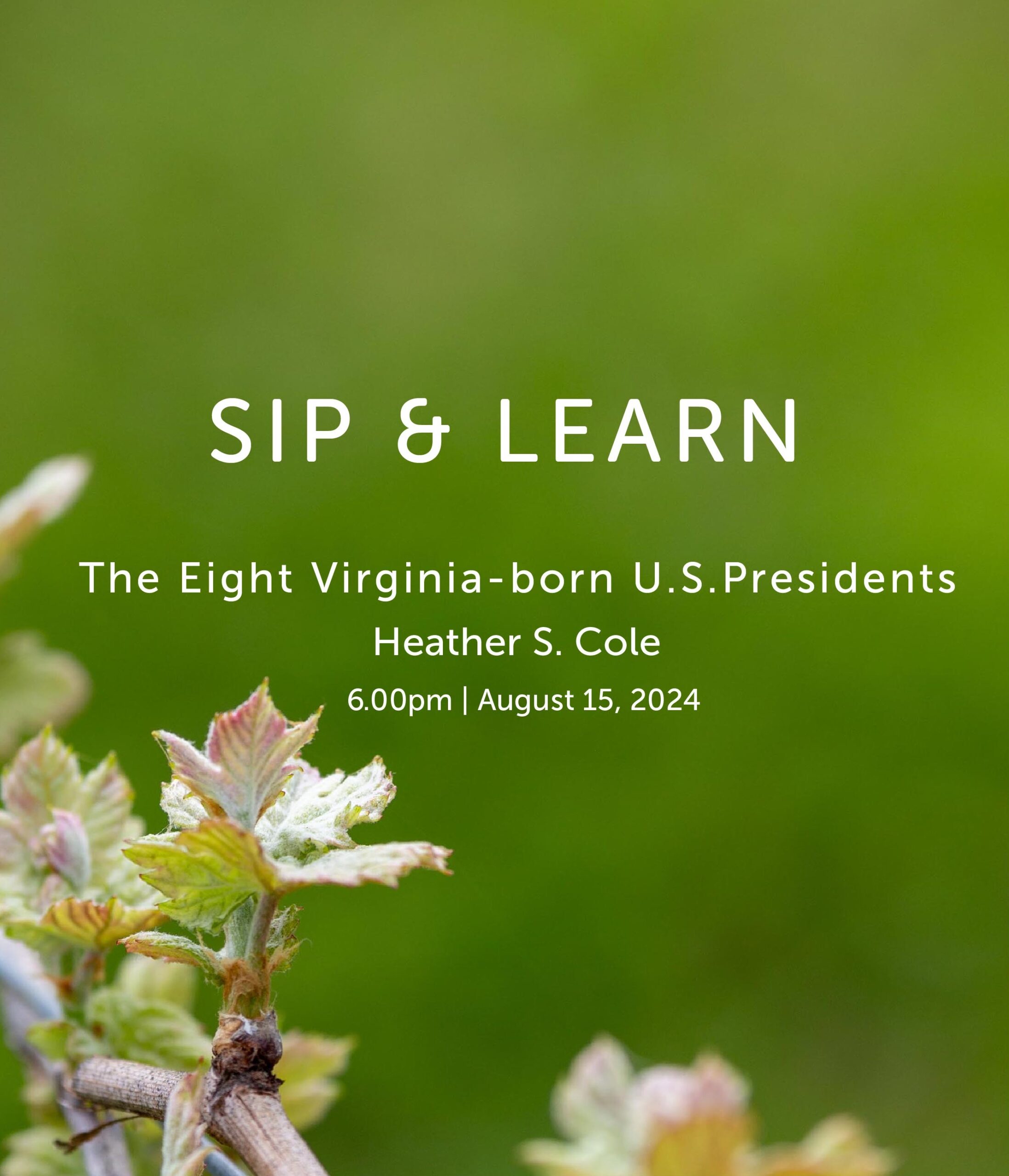 An image promoting an event titled "SIP & LEARN: The Eight Virginia-born U.S. Presidents" by Heather S. Cole. It will be held at 6:00 PM on August 15, 2024. The background features a close-up of plant leaves with a blurred green field.