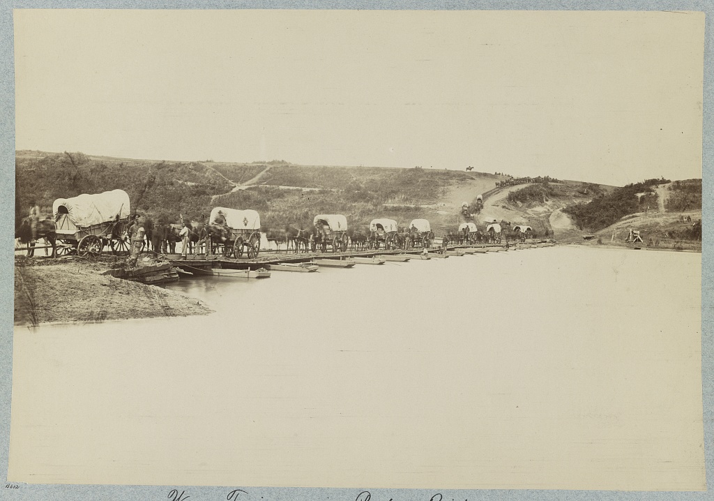 Wagon train crossing pontoon bridge, Rappahannock River, below Fredericksburg, Va. Photo Credit: Library of Congress