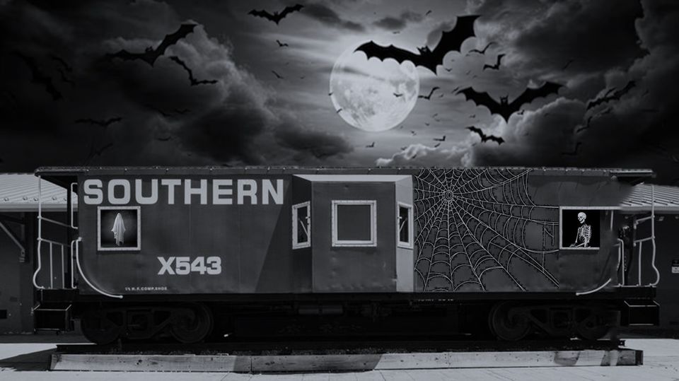 spooky image of the caboose at night