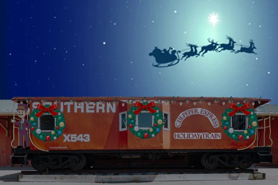 Christmas decorated caboose with Santa's sleigh in the sky