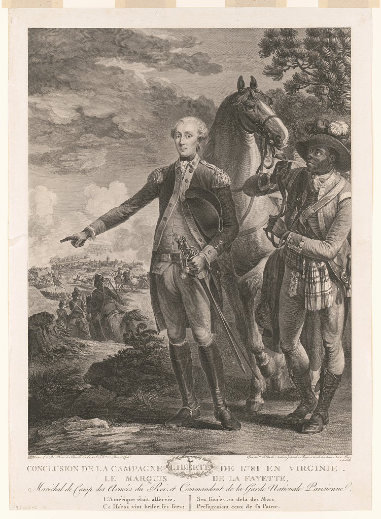 Print shows Marquis de Lafayette, full-length portrait, standing, facing front, wearing uniform and holding two swords in left hand while directing American troops during the battle at Yorktown; a black soldier holds his horse behind him on the right.