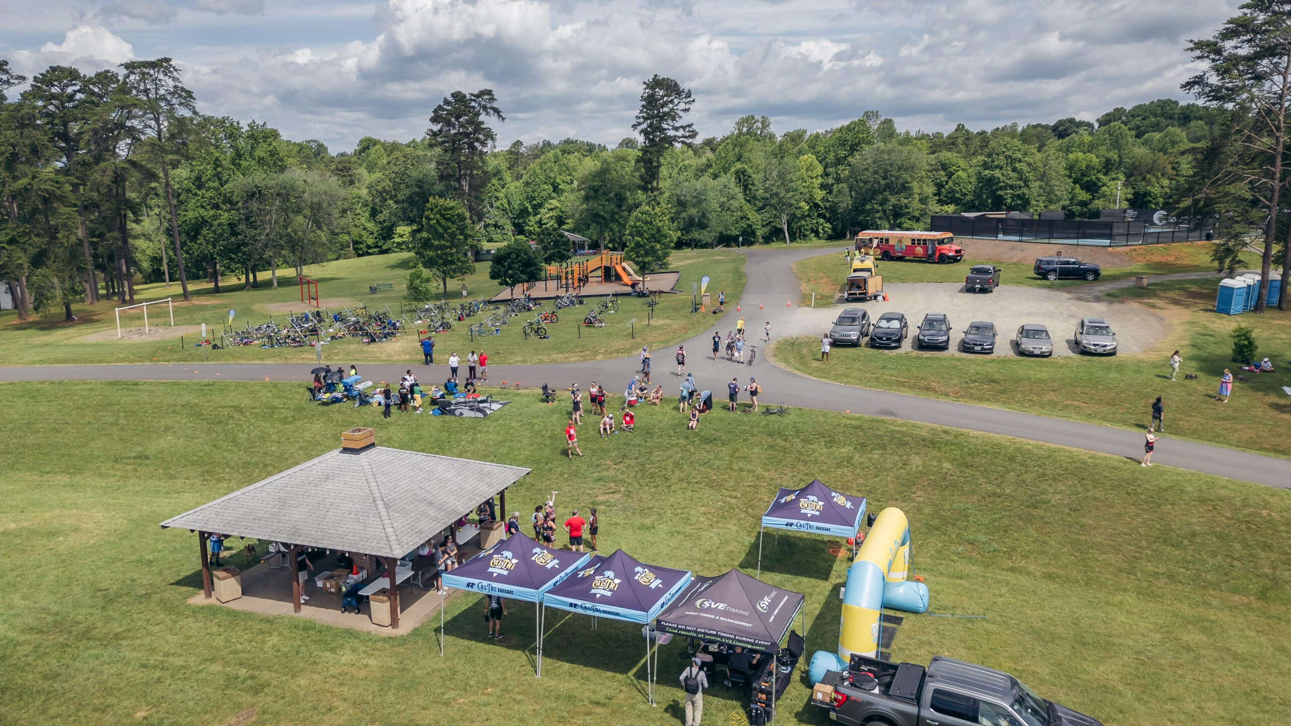 Cal Tri set up with athletes and tents