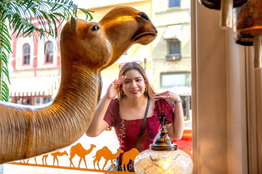 female looking through store window with a camel statue