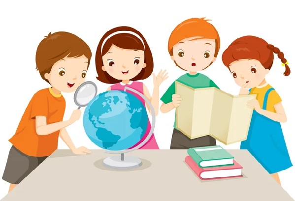 cartoon graphic of four kids about a globe