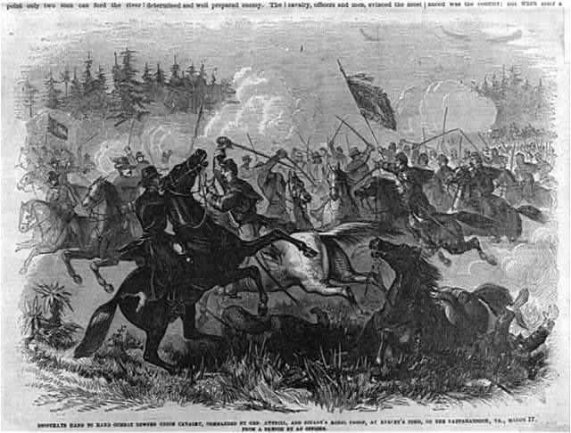 drawing of soldiers and horses in a battle