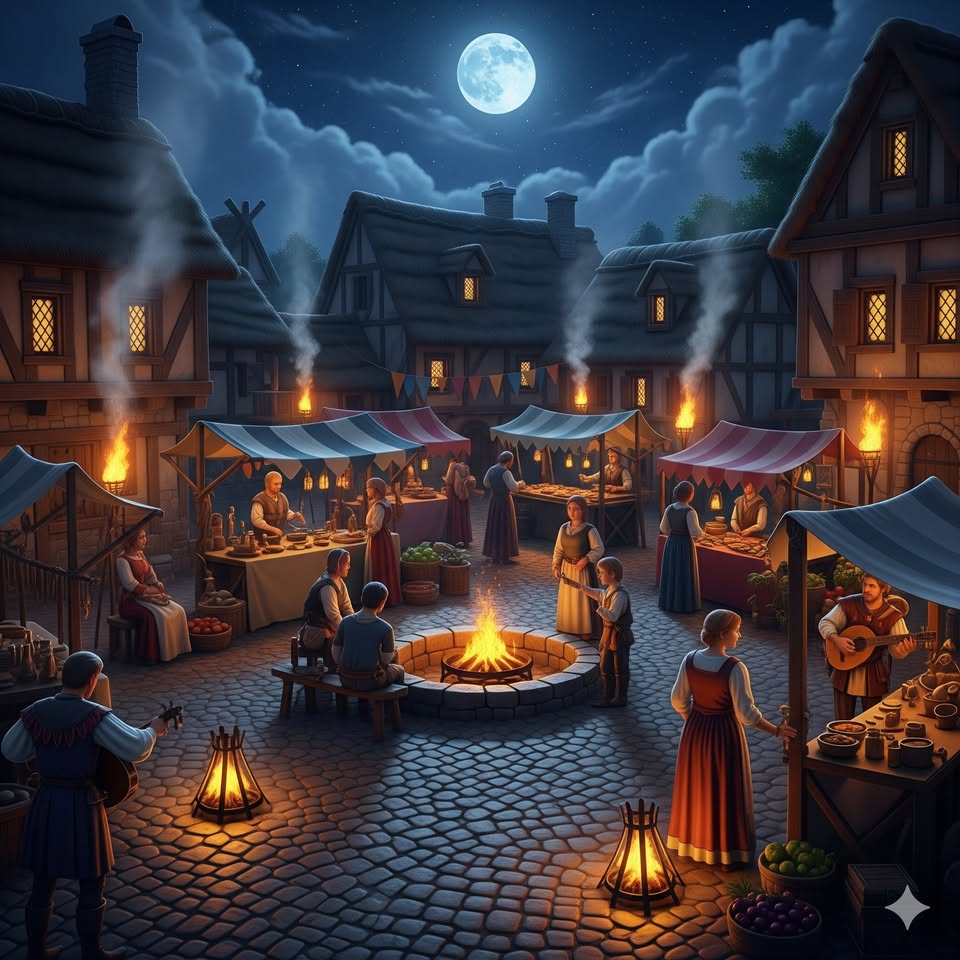 image of houses and small fires under a full moon